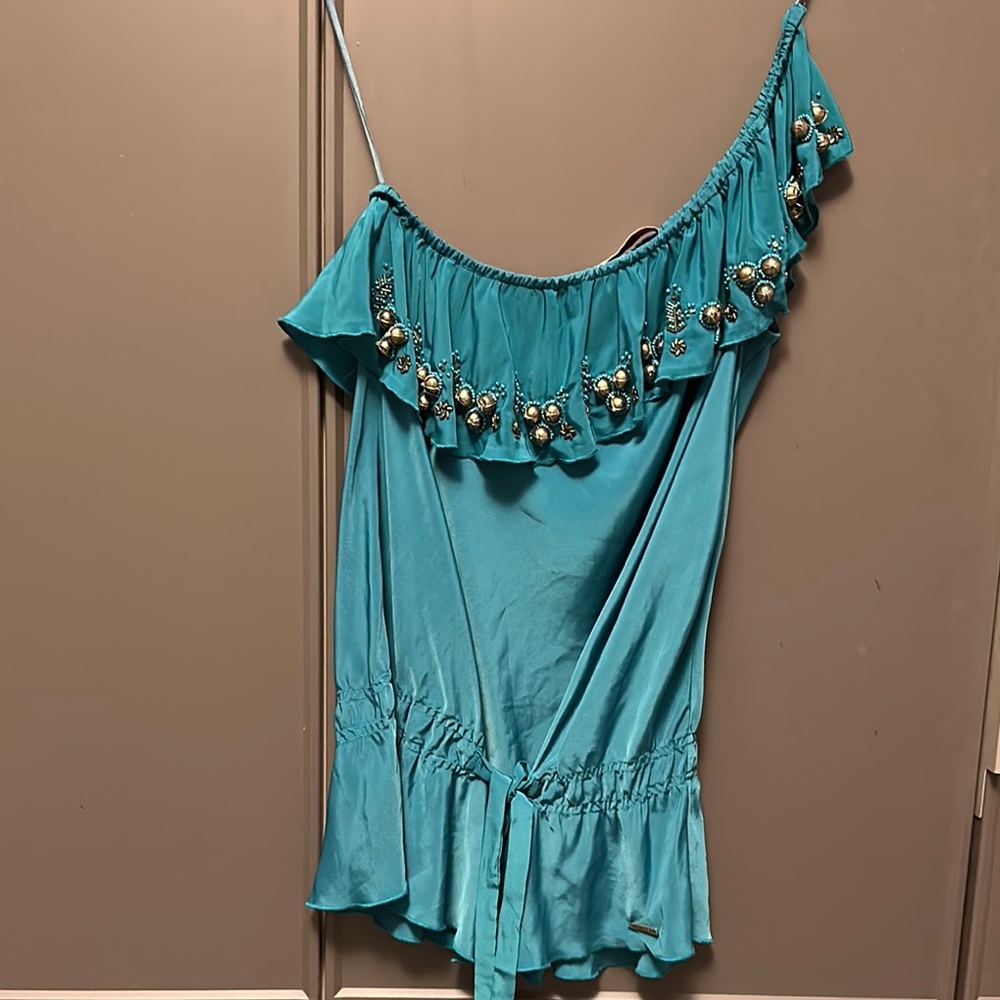 Liu Jo Blue Asymmetrical Ruffled Blouse